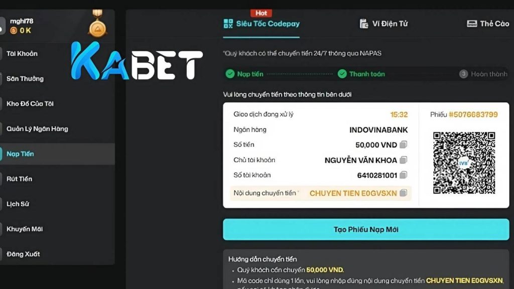 Hướng dẫn cách nạp tiền Kabet