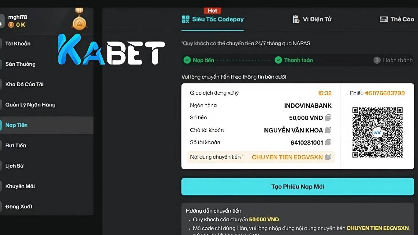 Hướng dẫn cách nạp tiền Kabet